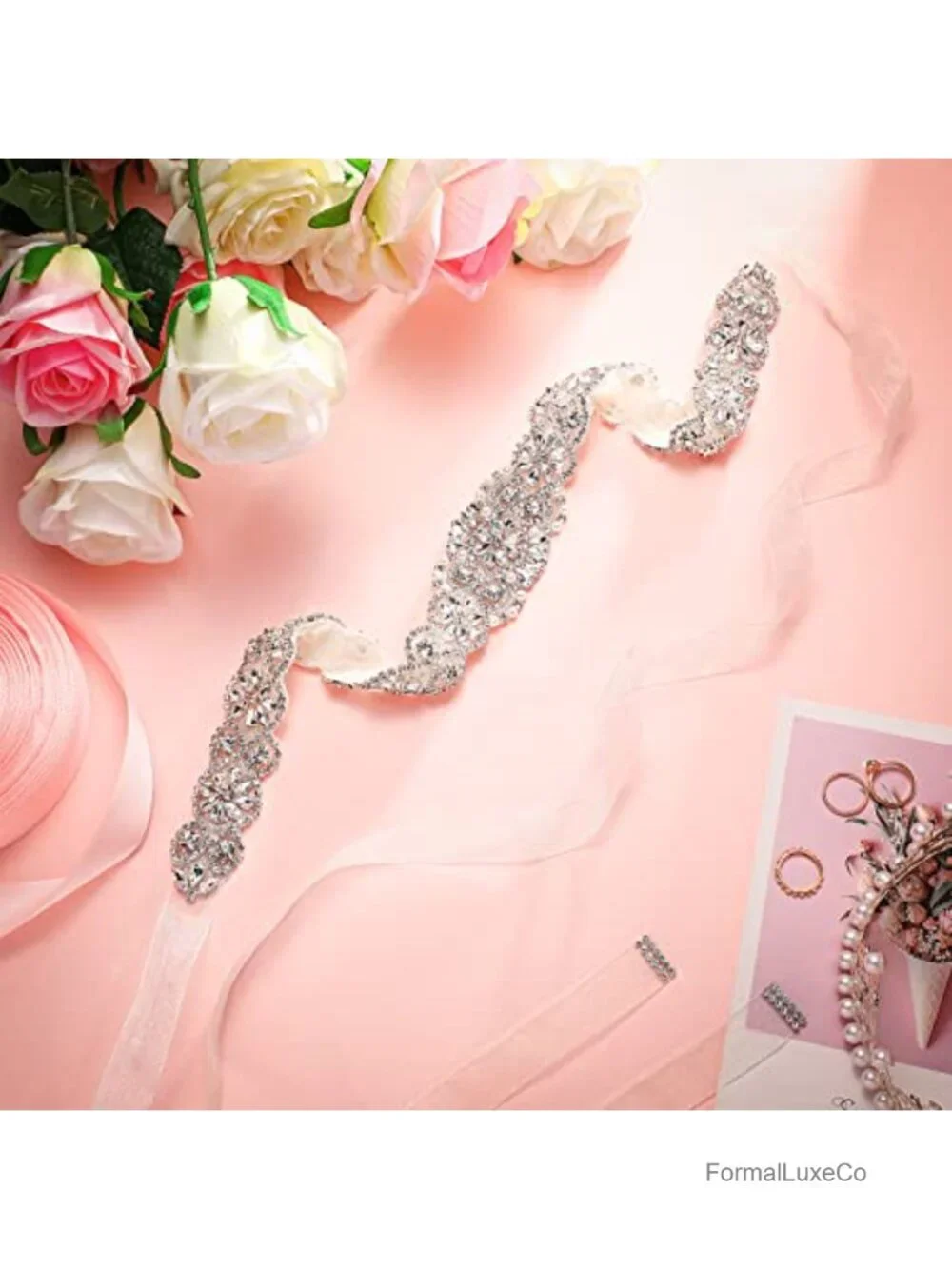 Bridal Belt Wedding Dress Rhinestone Crystal Sash with Organza Adjustable